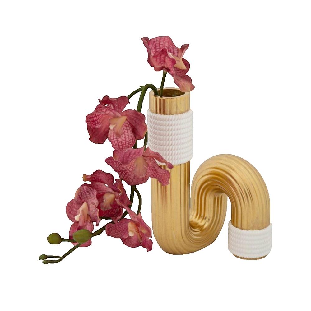 Vaso Decorativo Bann in Resina Oro e Bianco 10,7 x 18,3 cm dal Design Sinuoso