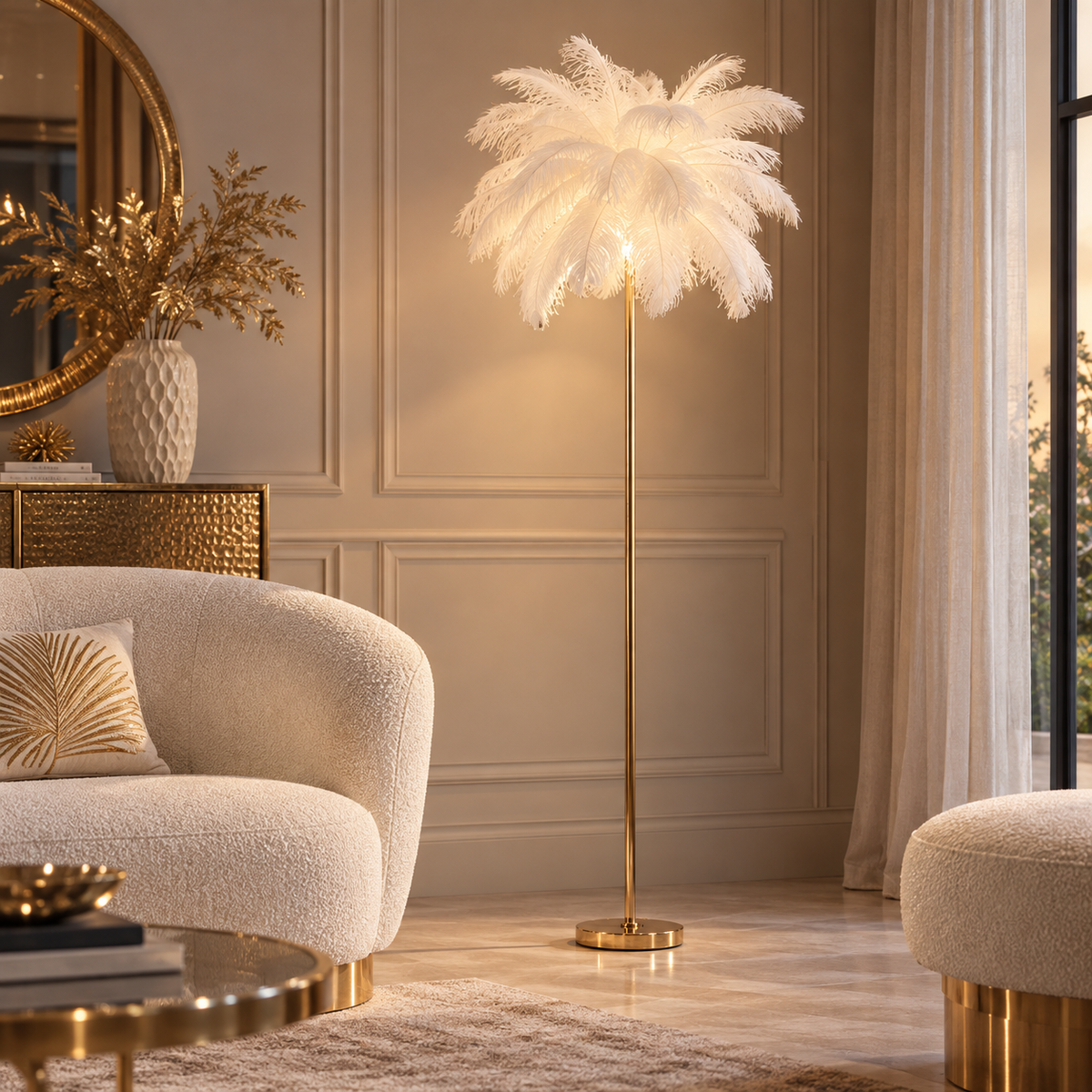 Lampada da Terra Palm Bianca Ø55x160 cm con Piume e Struttura Dorata
