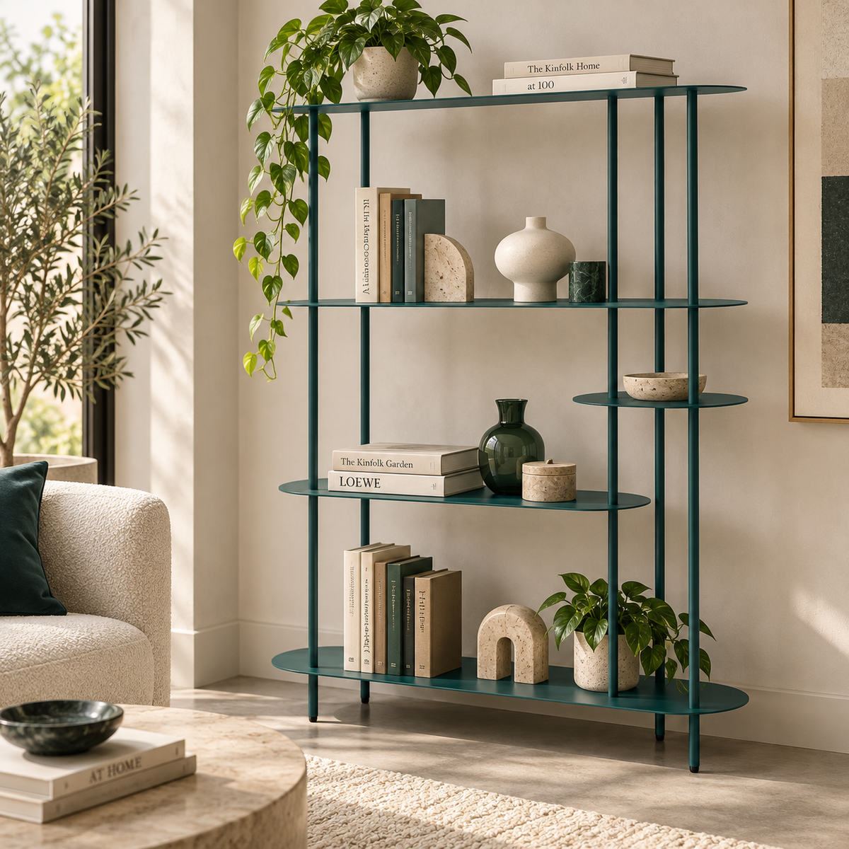 Libreria Saturno 118x31x139 cm in Metallo Tortora e Ottanio