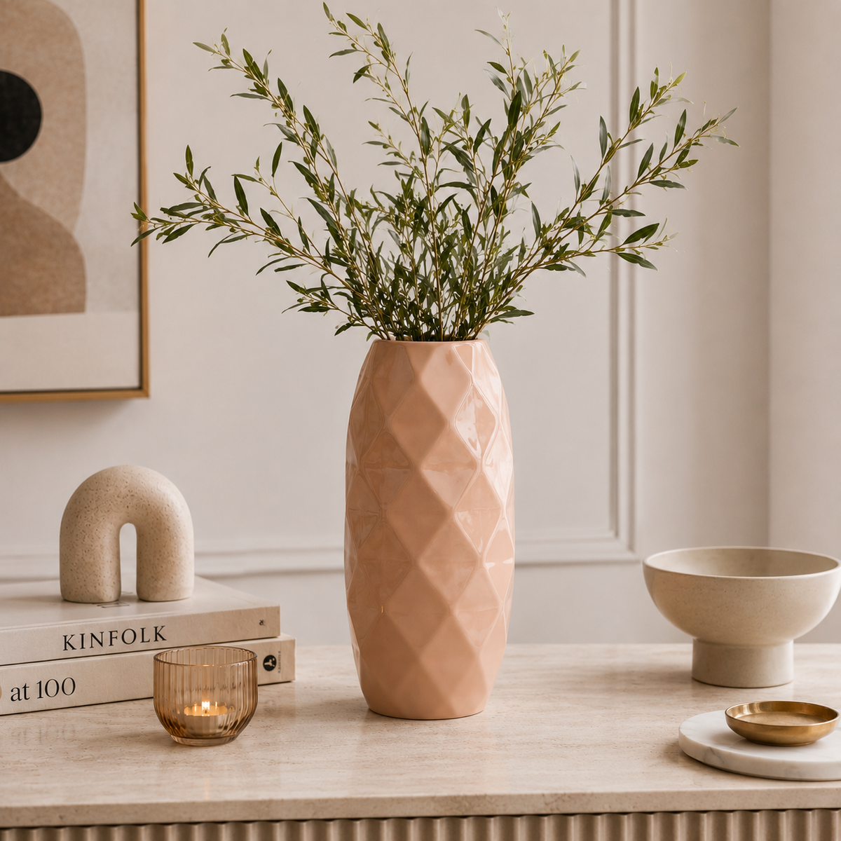 Vaso Decorativo in Ceramica Rosa h 37 cm con Design Sfaccettato