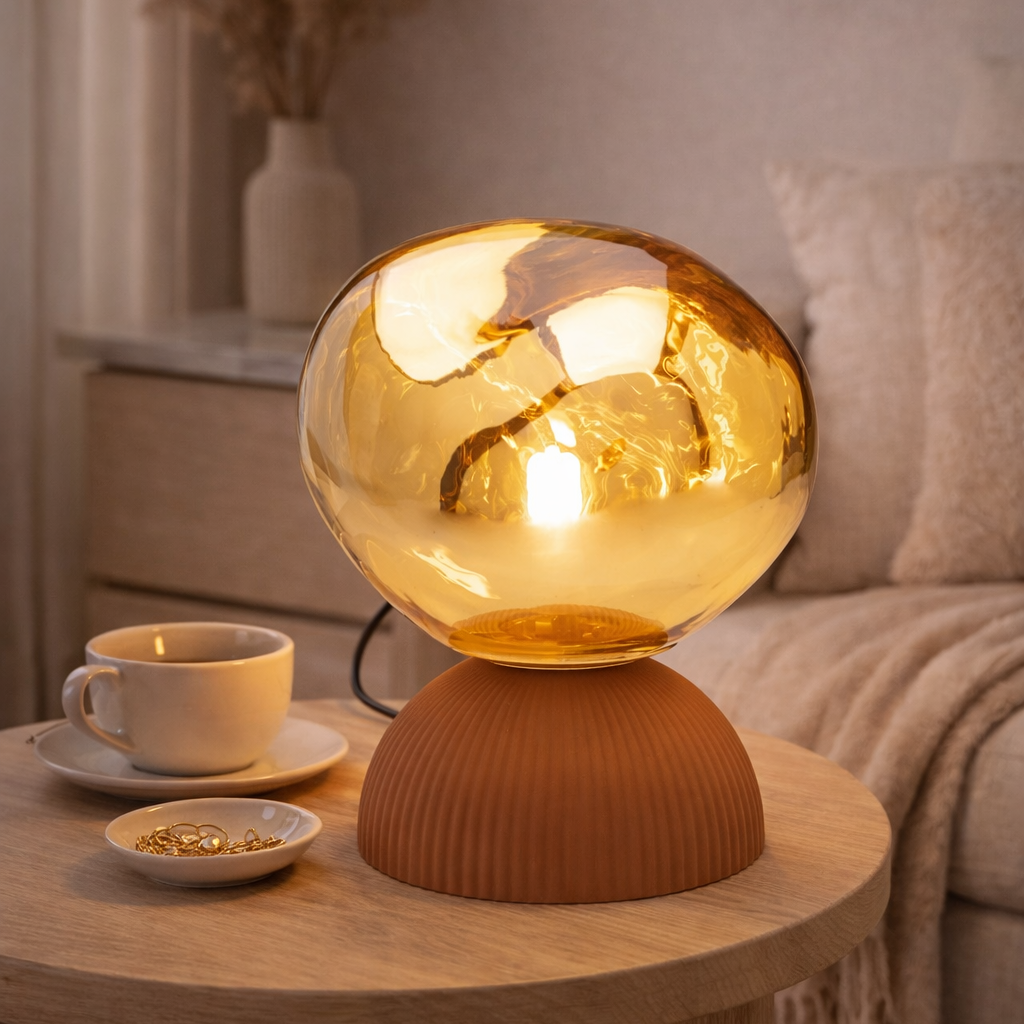 Lampada da Tavolo Magic Ball Gold Sfera in Vetro Ambra Base Color Terracotta 21cm