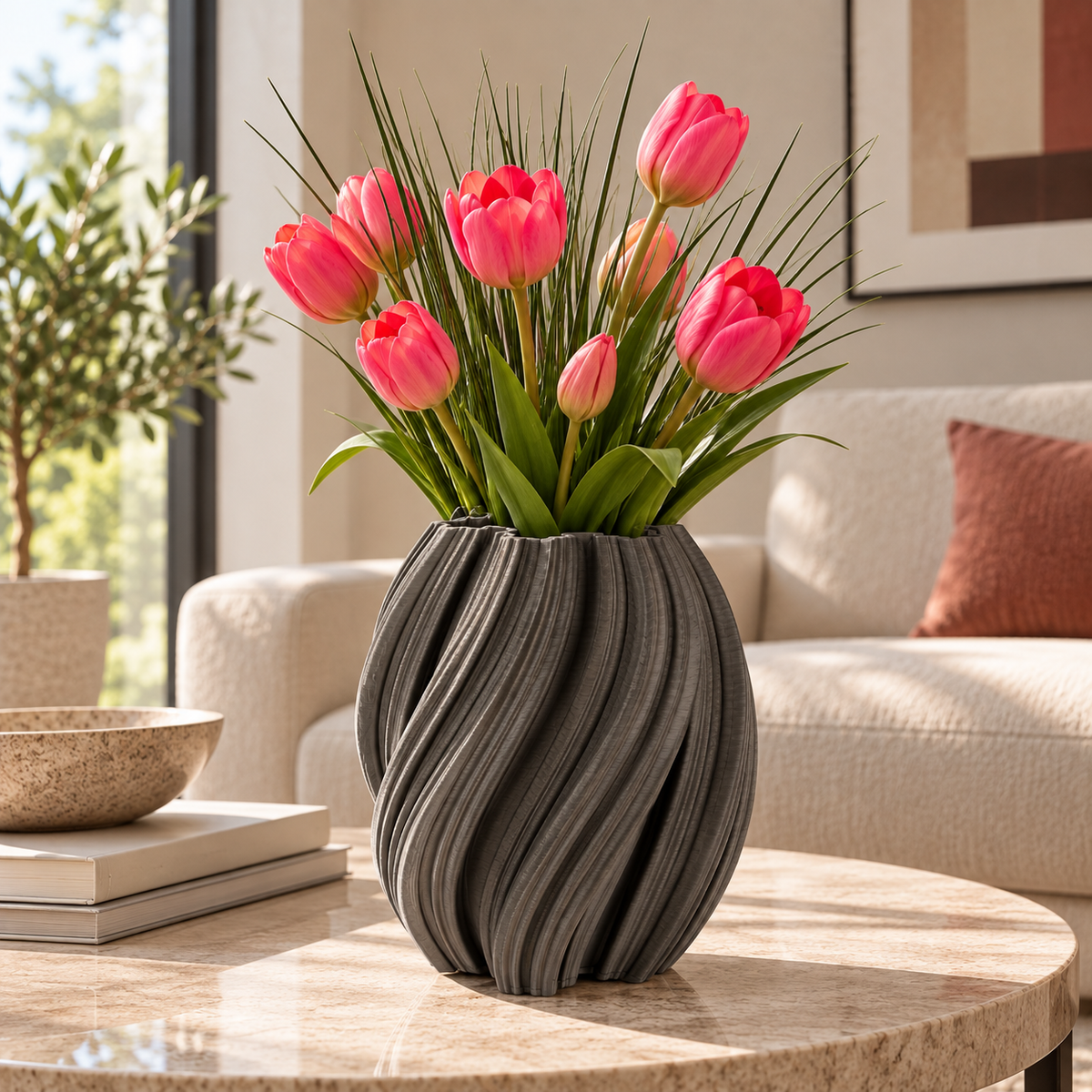 Vaso Decorativo Joleen Grigio H21 cm in Ceramica con Texture Ondulata