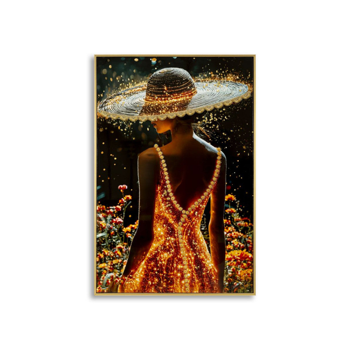 Dipinto Donna con Cappello Dorato 62x3,5x92 cm su Tela Laccata con Rilievi