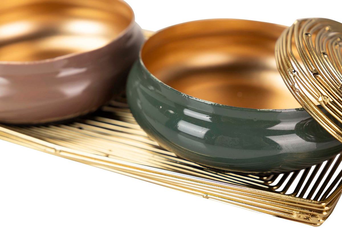 Set 3 Scatole Ciotole Decorative con Vassoio Oro 34 x 13 x 7 cm
