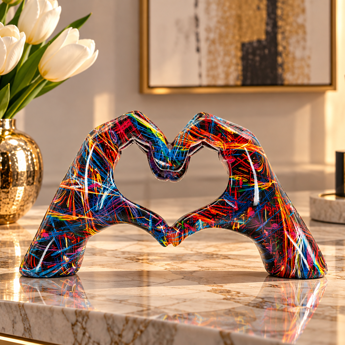 Scultura Lover Psyco Multicolore 25 cm in Resina Mani a Cuore Design Pop