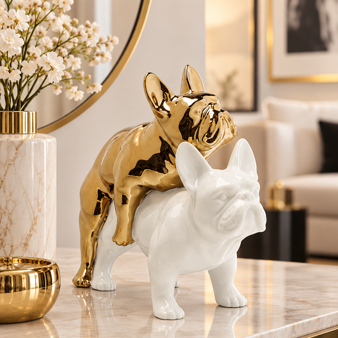 Statuetta Figura Decorativa Love Dogs Bianco Oro In Resina