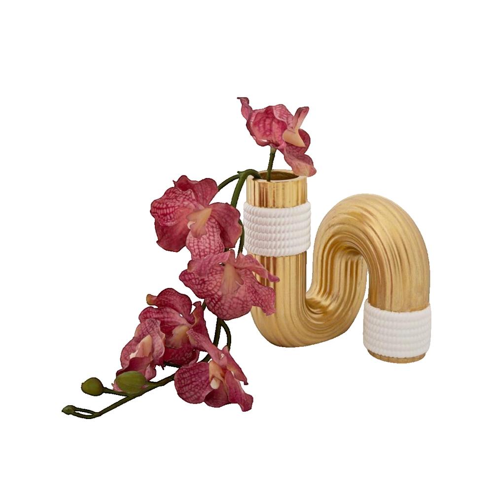 Vaso Decorativo Bann in Resina Oro e Bianco 10,5 x 12,7 cm Design Sinuoso