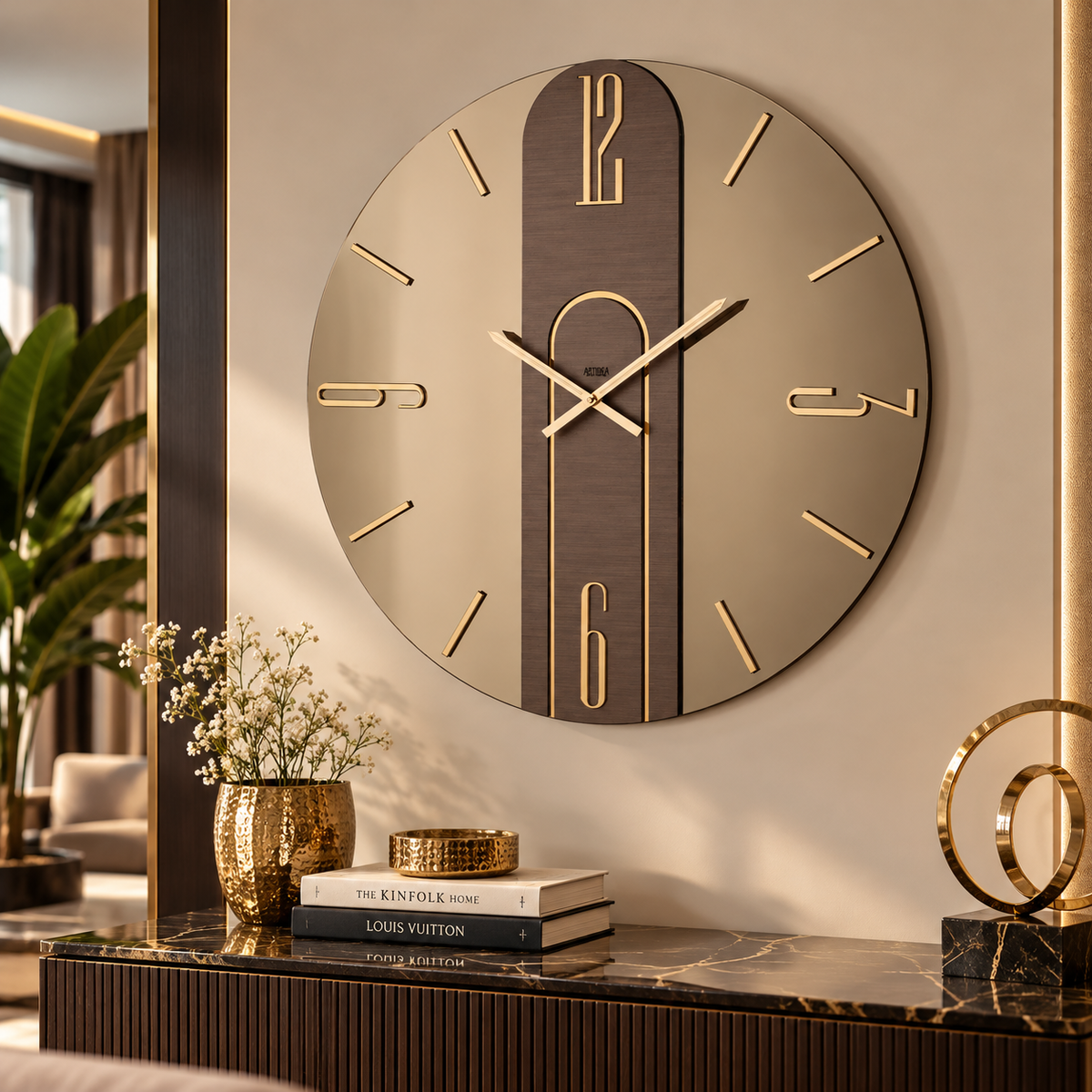 Orologio da Parete Atene/B Ø80 cm in Vetro Specchiato Bronzo con Dettagli Dorati