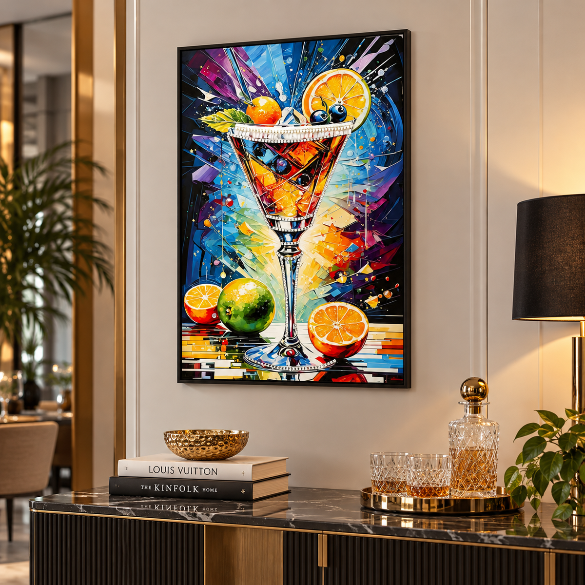 Stampa Quadro Decorato Cocktail A 62x3,5x92 cm su Tela Laccata con Cornice Dorata
