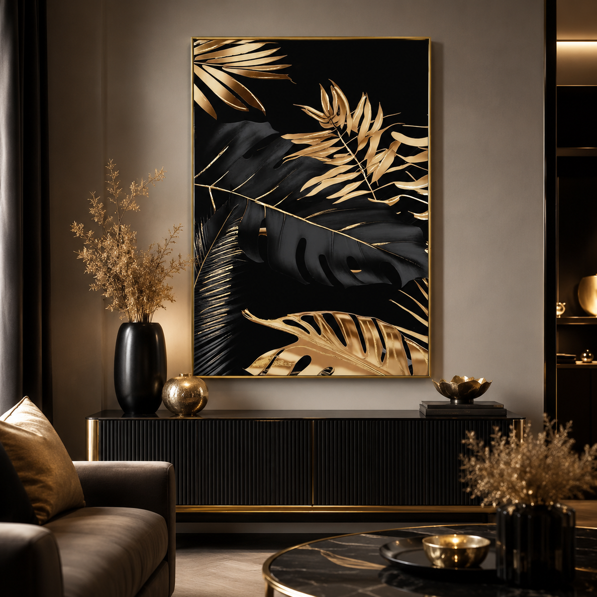 Quadro Decorativo Foglie Tropicali Oro e Nero con Cornice Oro 50 x 70 cm PA/F1001 A/R