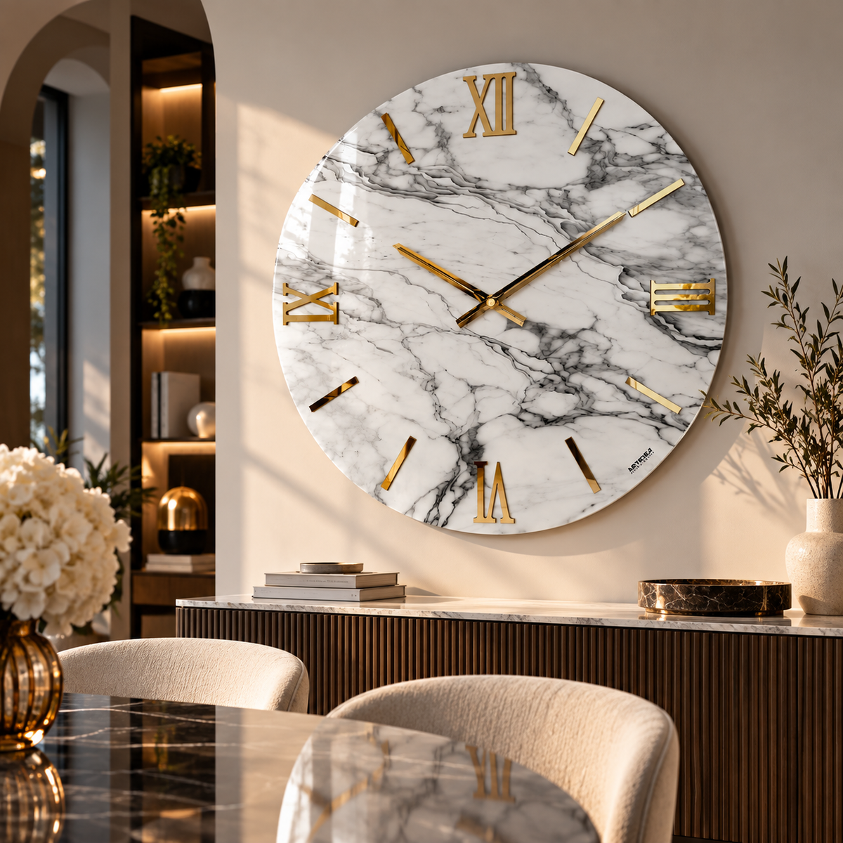 Orologio da Parete Marmo Carrara Ø100 cm Effetto Marmo Bianco con Numeri Oro