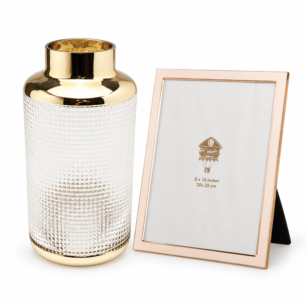 Set Decorativo La Noble con Vaso H19 cm e Portafoto Rosa 20x25 cm Vetro e Dettagli Oro