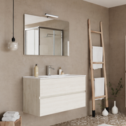 Mobile Bagno Sospeso Easy 2 Cassetti 80 cm Rovere Ghiaccio con Specchio e LED