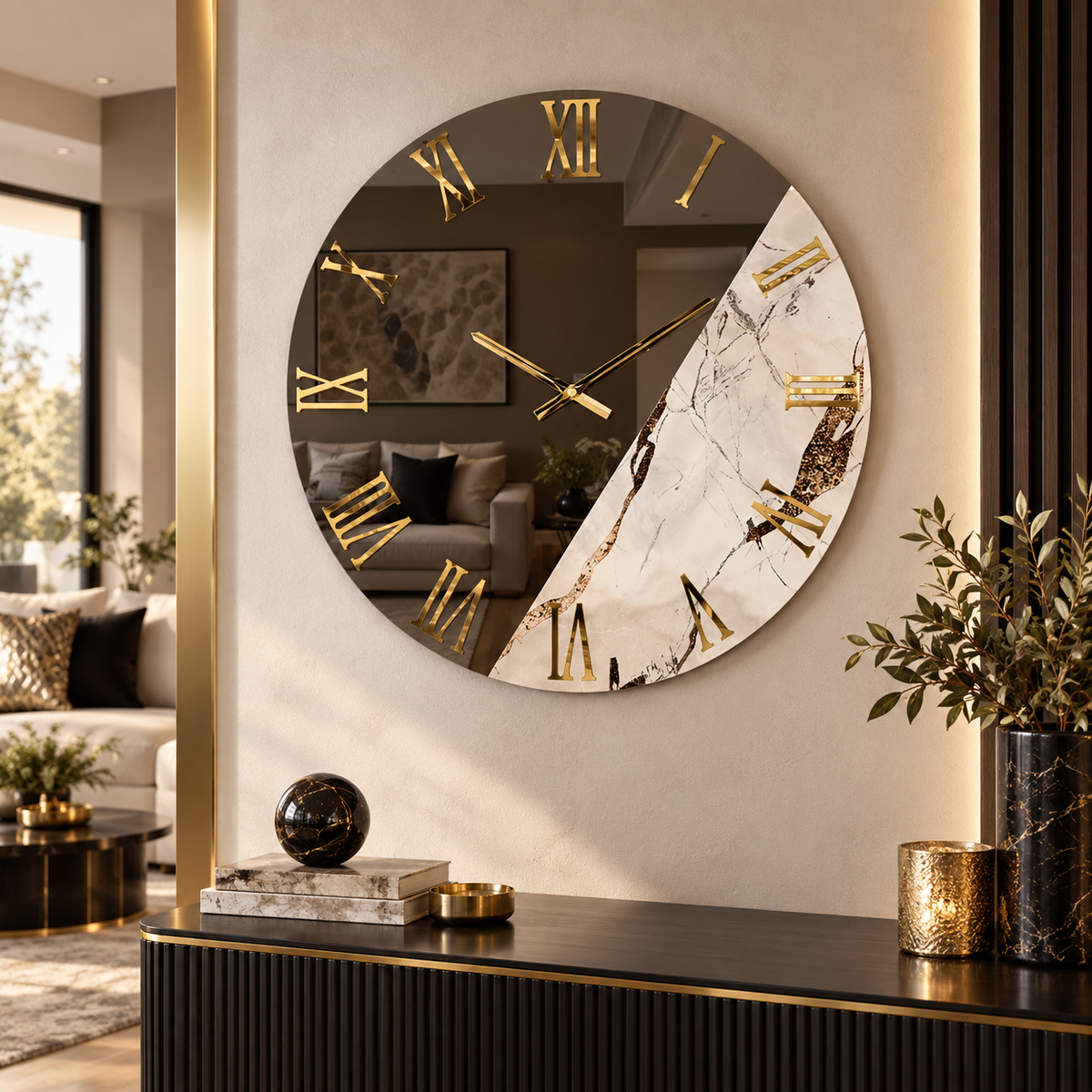 Orologio Specchio Bronzo Giada Morrow Ø60 cm con Effetto Marmo e Numeri Oro