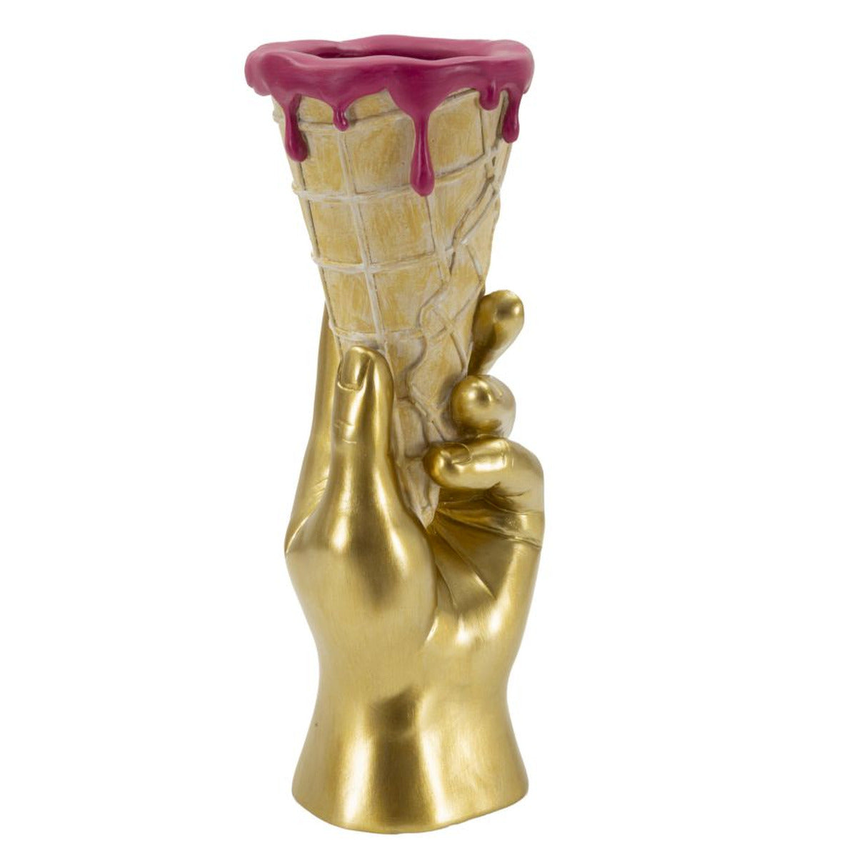 Vaso Decorativo Mano con Cono Gelato in Poliresina Oro e Rosa 31 cm
