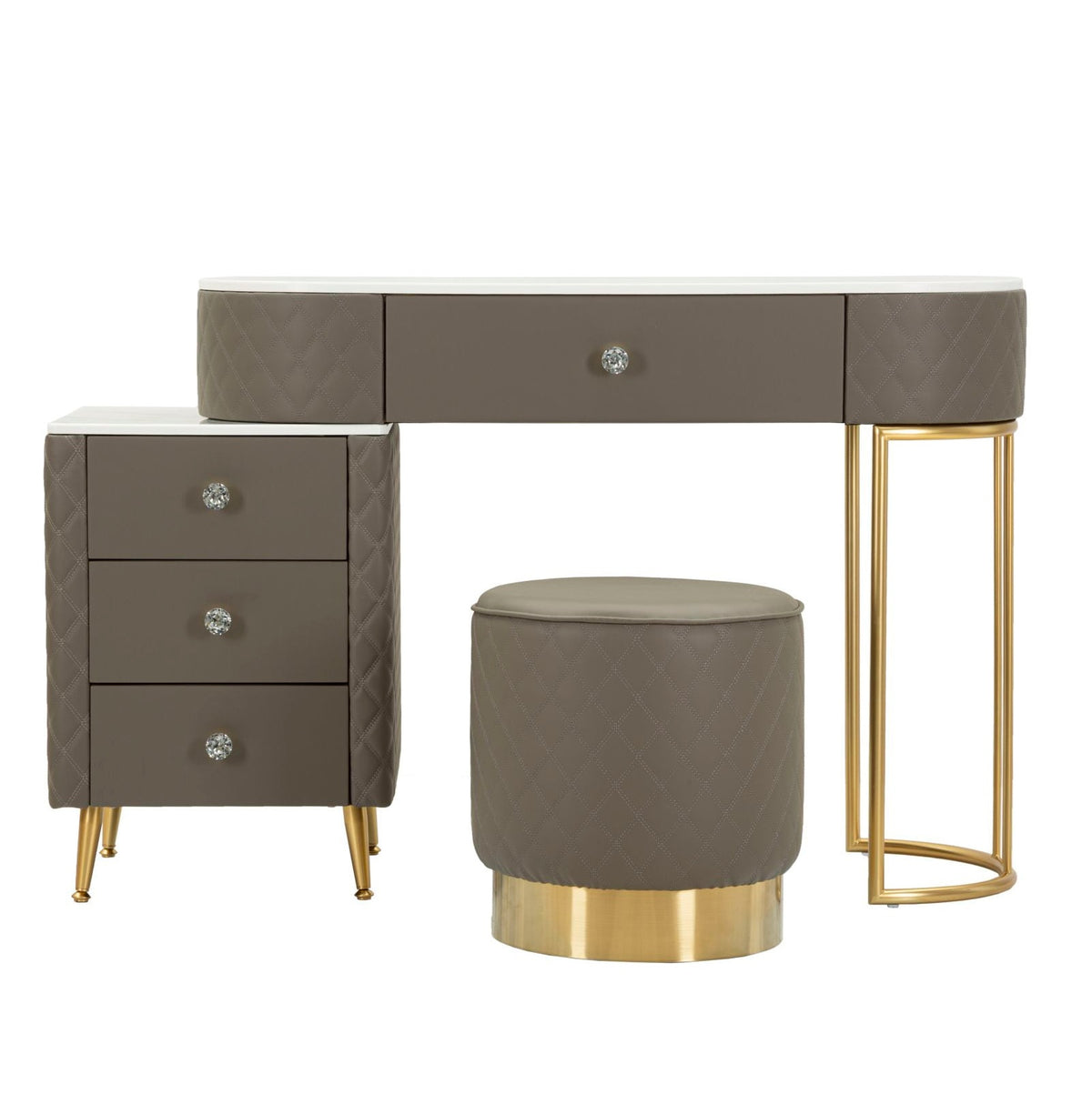 Toeletta Sharon Grigia con Puff 120x40x75 cm Simil Pelle Trapuntata e Oro