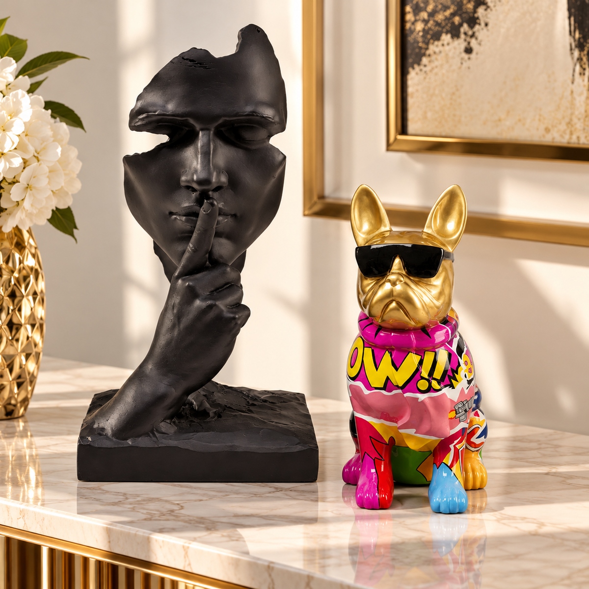 Set Decorativo Quiet Face & Graffiti Dog Scultura Nero e Multicolore e Oro