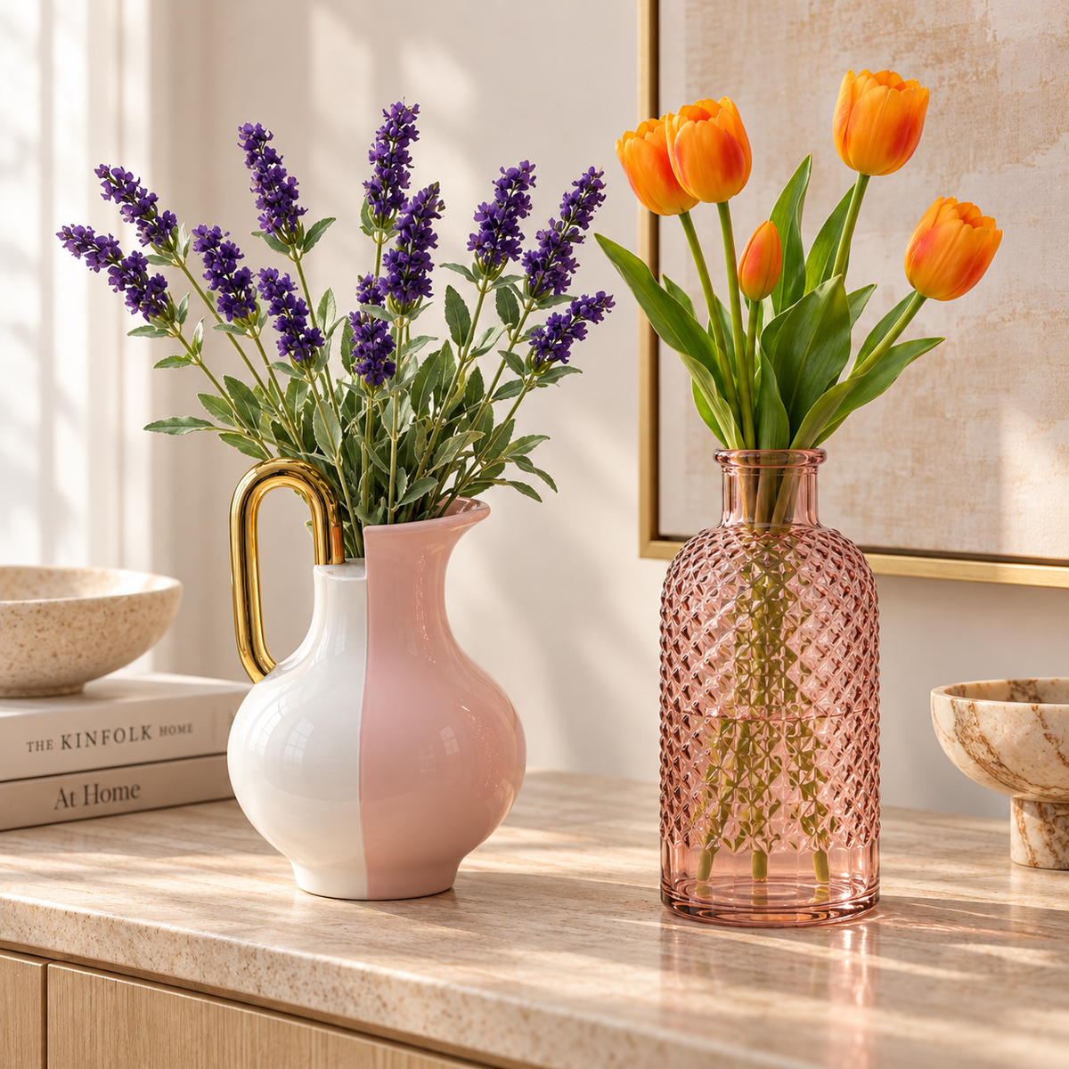 Set Decorativo con Vaso Avril, Vaso Stage, Tulipani Arancioni e Lavanda Viola
