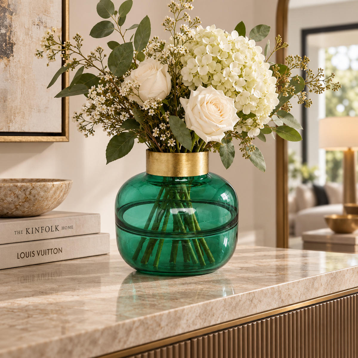 Vaso Decorativo Positano Belly Verde in Vetro con Bordo Oro