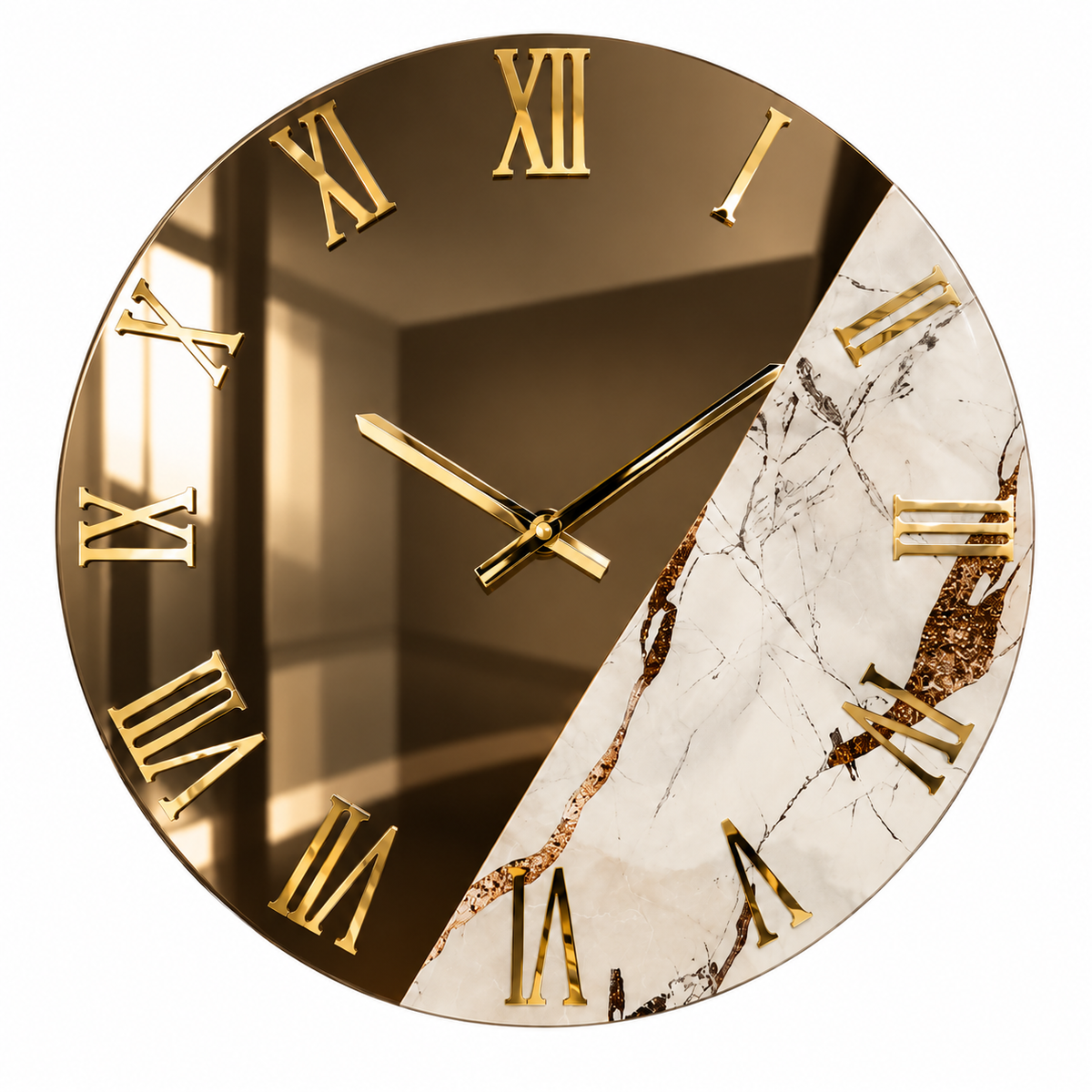 Orologio Specchio Bronzo Giada Morrow Ø60 cm con Effetto Marmo e Numeri Oro