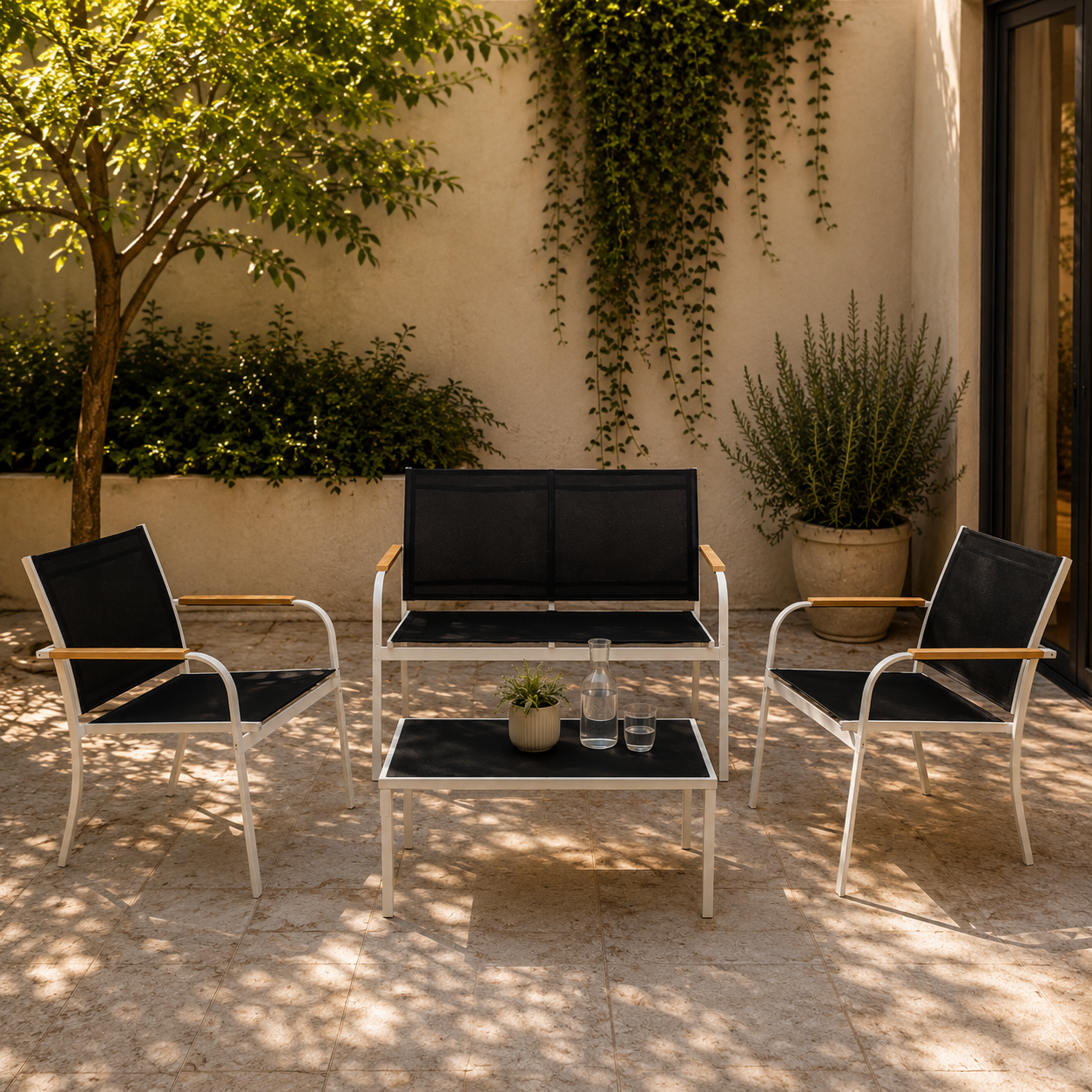 Set Salotto da Giardino 4 Pezzi Menton Bianco Nero con Tavolo in Vetro