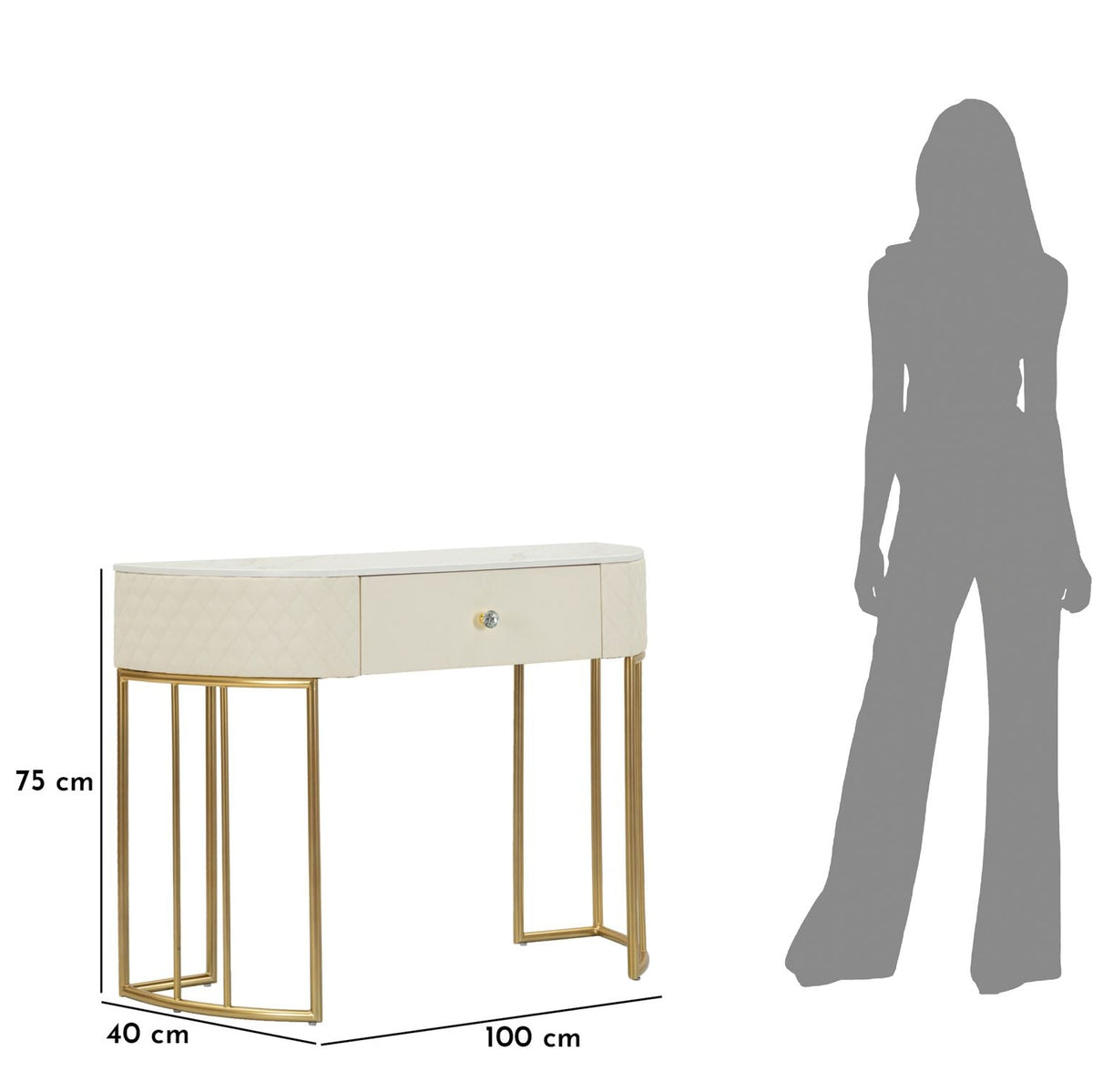 Consolle Sharon 100x40x75 cm Simil Pelle Bianca Trapuntata e Struttura Oro