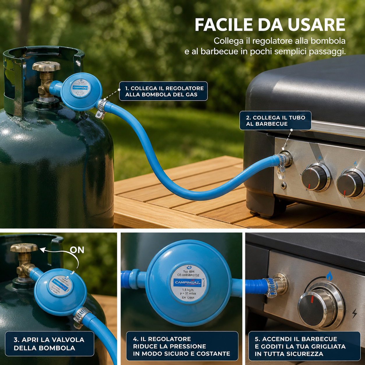 Kit Regolatore Gas con Tubo e Fascette per Barbecue Attacco Italia Campingaz