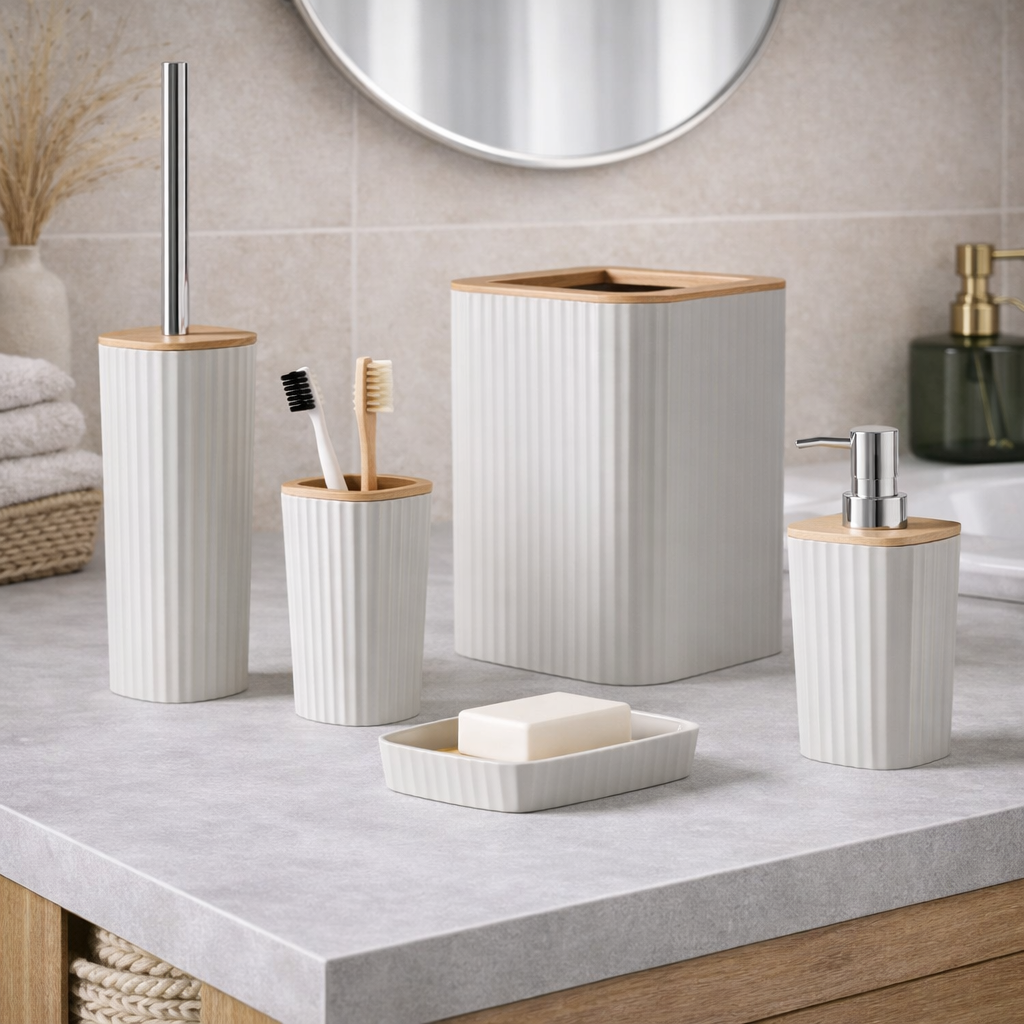 Set Appoggio Bagno 5 Pezzi Crema Show in Plastica e Bamboo Accessori Moderni