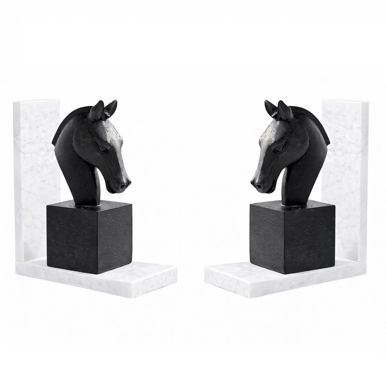 Fermalibri Testa di Cavallo Neri Set da 2 pezzi Base in Marmo Bianco