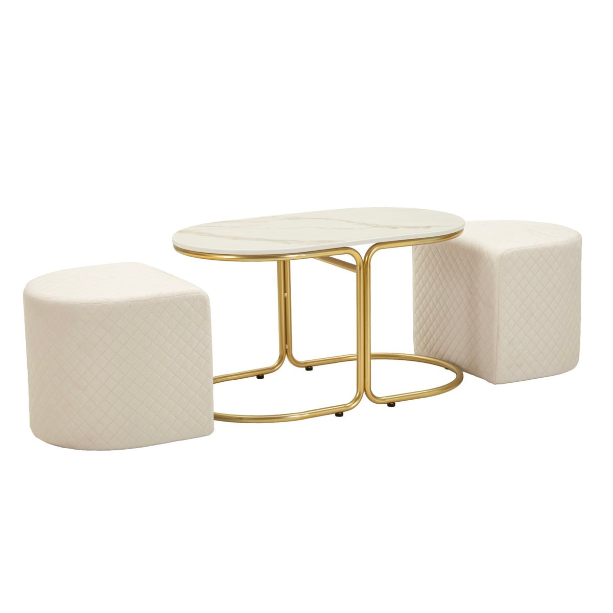 Tavolino da Caffè Relax 79x45x44 cm con 2 Pouf Beige e Oro
