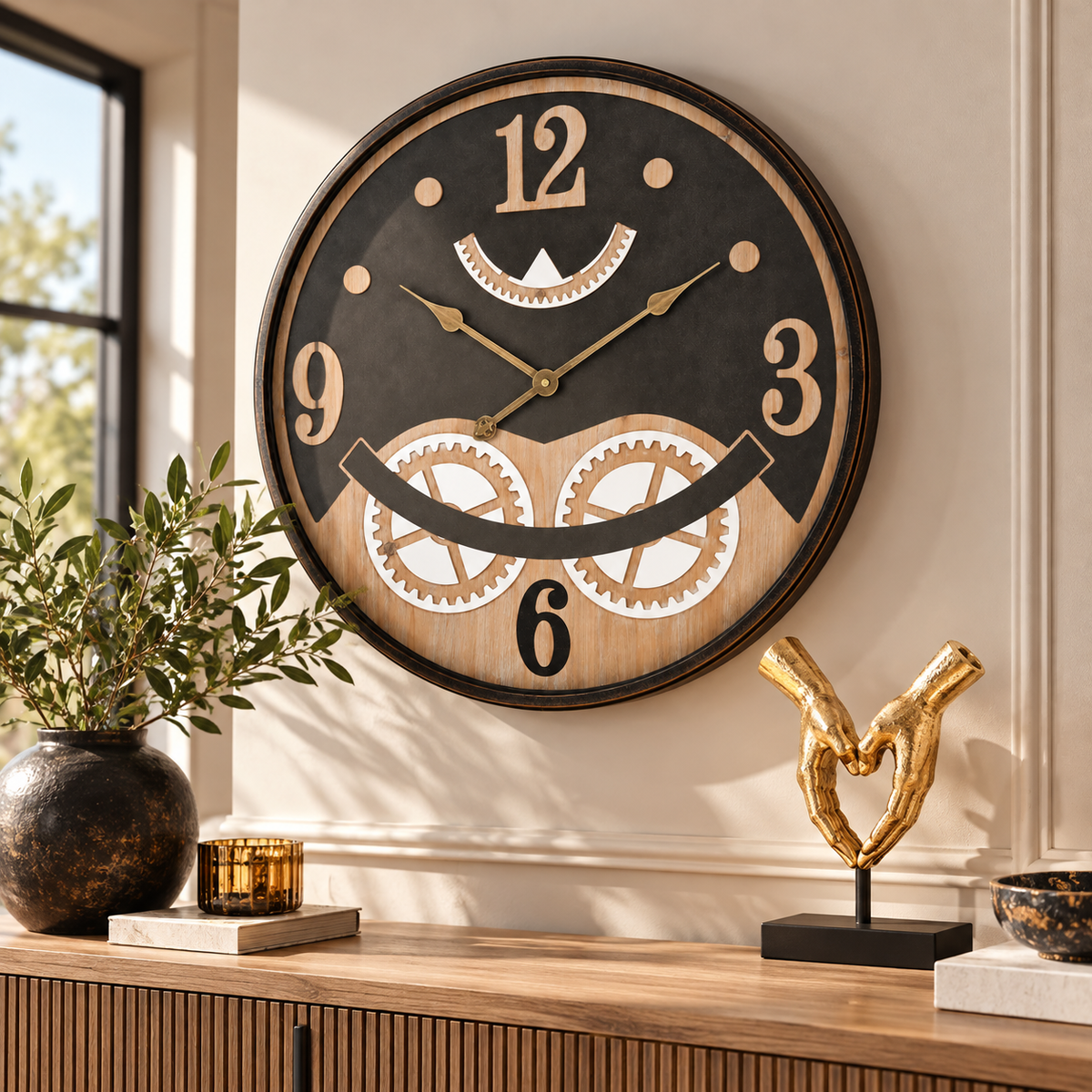Orologio da Parete Industriale con Ingranaggi Nero e Marrone Ø67 cm