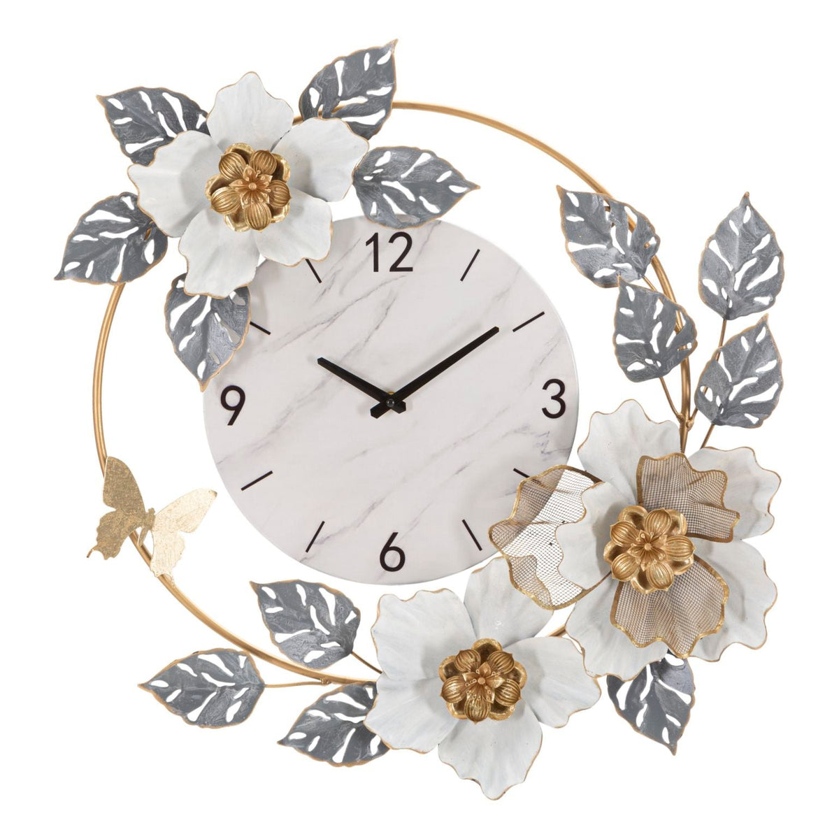 Orologio da Parete Flowers 64x64 cm con Fiori e Foglie Decorativi