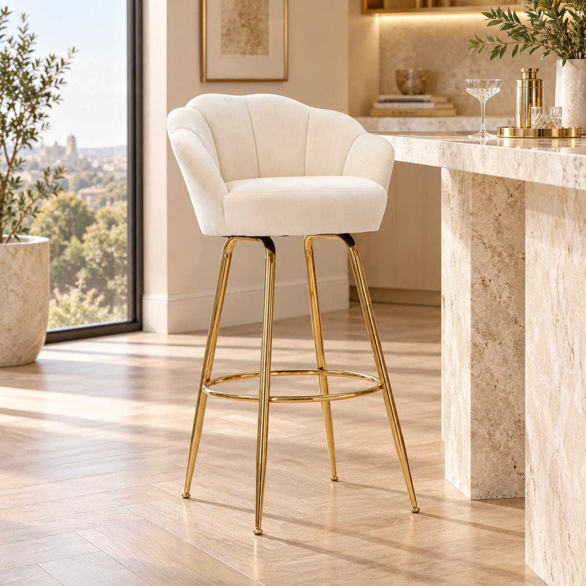 Sgabello Bar Vienna Crema in Velluto 110 cm con Gambe Dorate