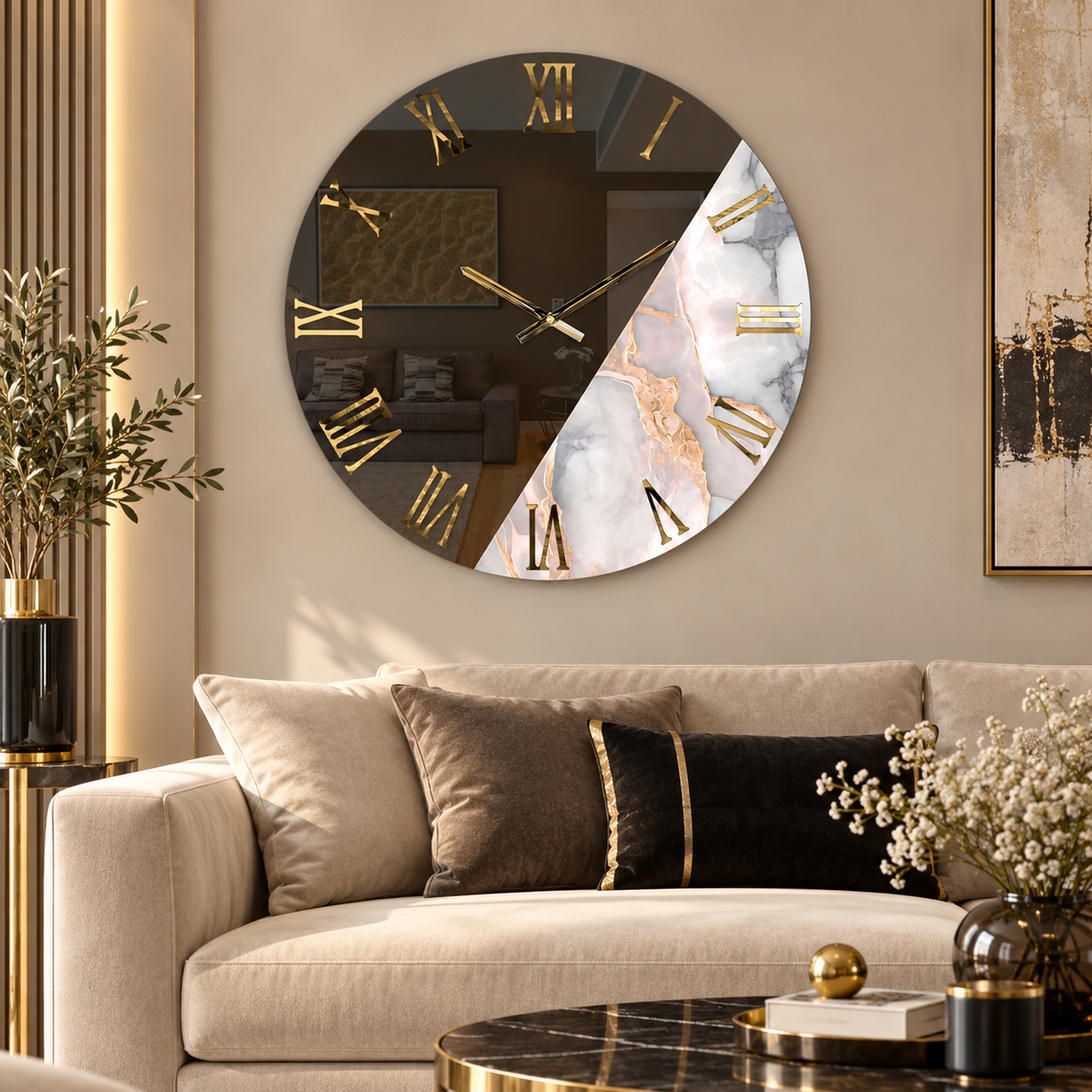 Orologio da Parete Specchio Giada Cipria Ø60 cm con Effetto Marmo e Dettagli Oro