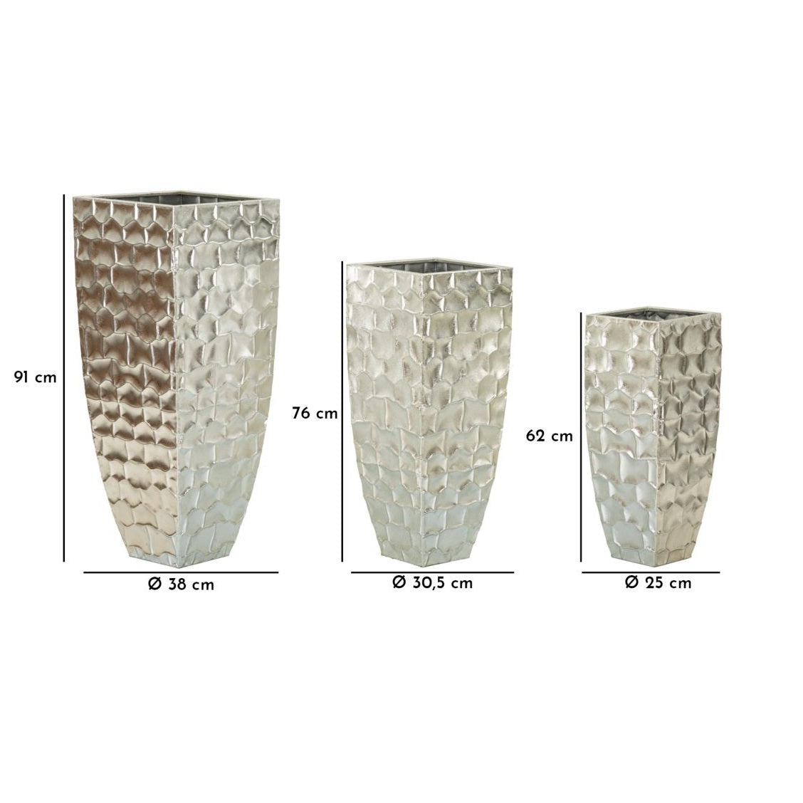 Set 3 Vasi Tris Argy in Metallo Argentato con Decoro in Rilievo
