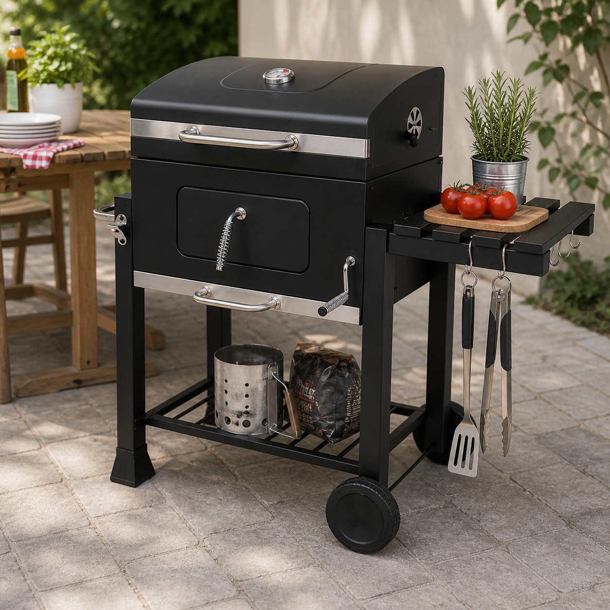 Barbecue a Carbone Vesuvio 116x65xH105 cm con Coperchio e Ruote