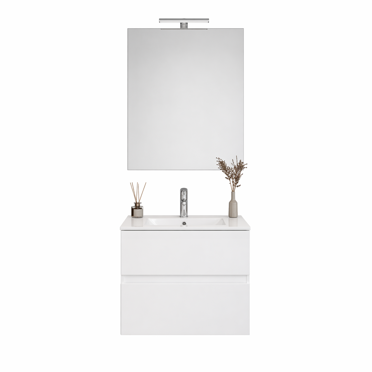 Mobile Bagno Sospeso Easy 2 Cassetti 60 cm Bianco Lucido con Specchio e LED