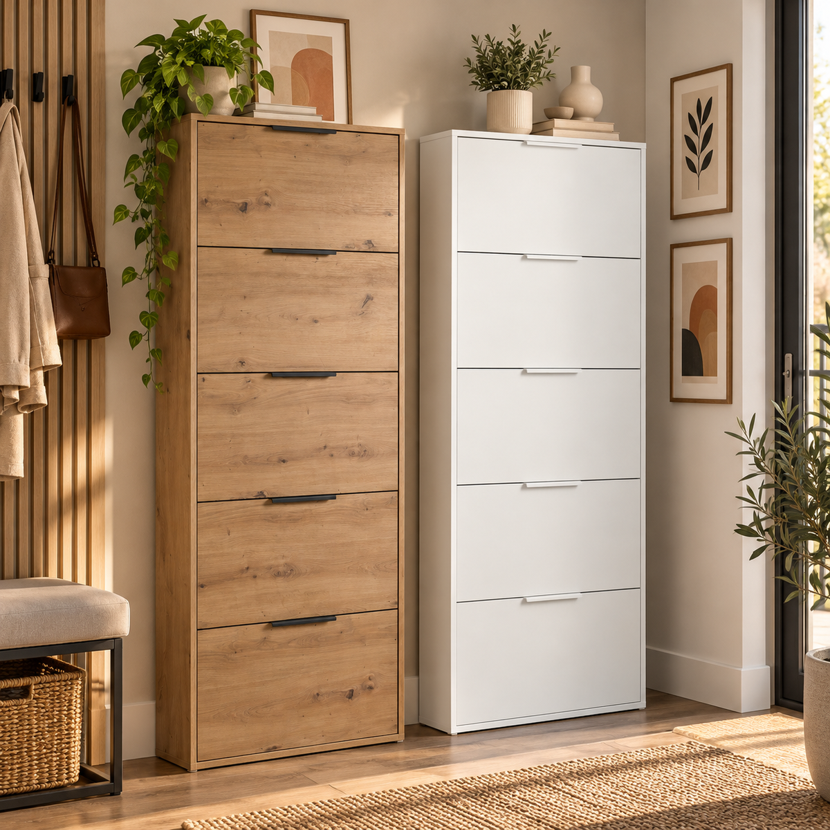Scarpiera Slim 5 Ribalte 65x15xH174 cm – Bianco e Rovere Artisan
