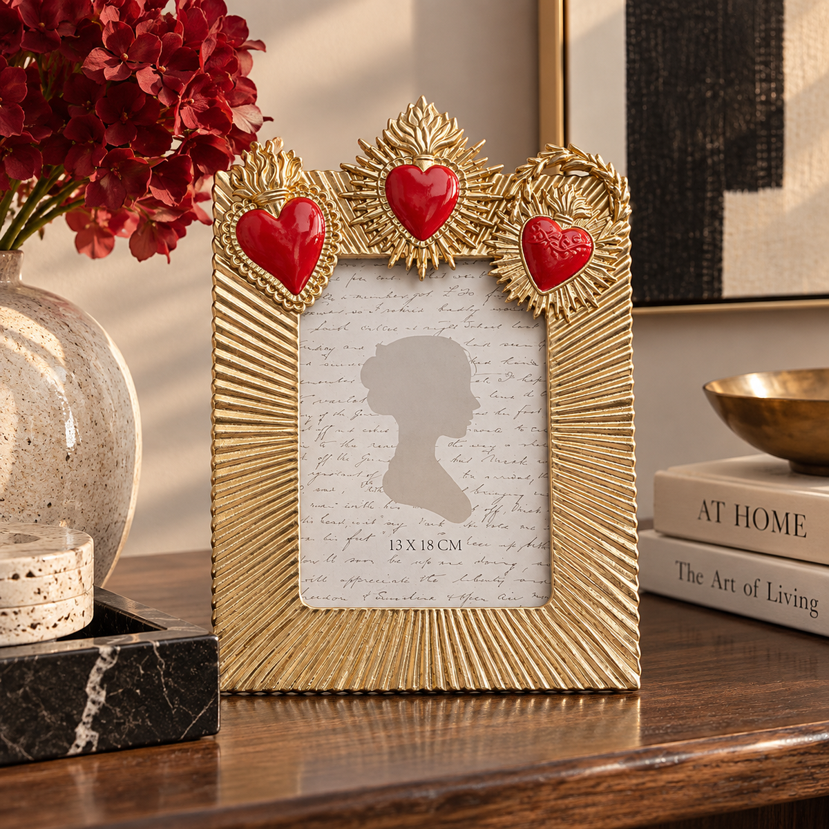 Cornice Portafoto Flaming Heart Tre Cuori 13x18cm Sacro Cuore In Oro