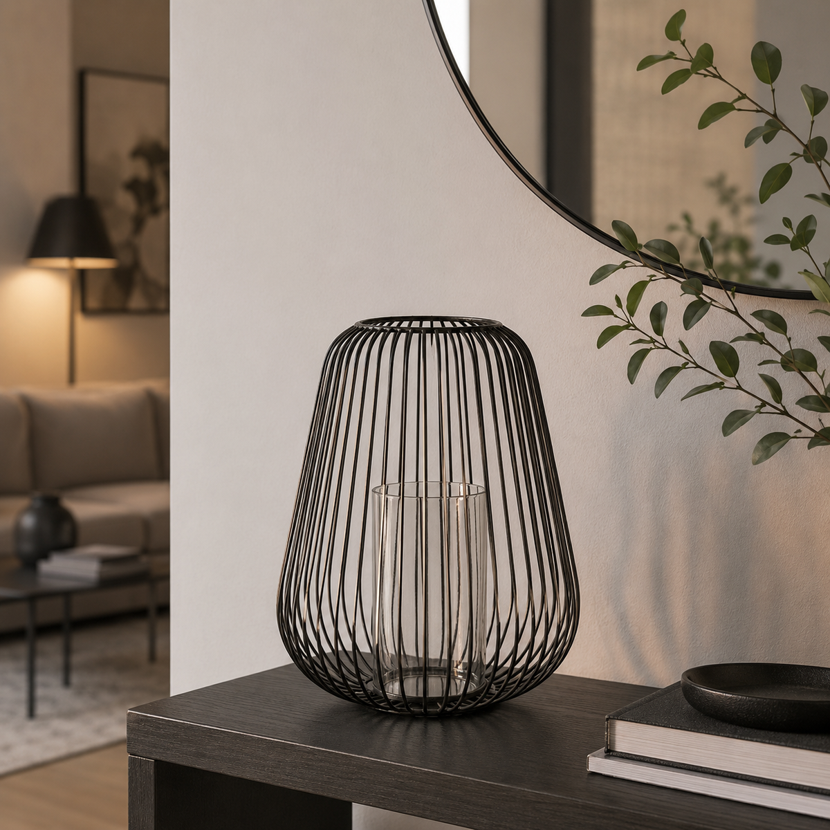 Portacandele Decorativo Nero in Metallo e Vetro 22 x 30 cm