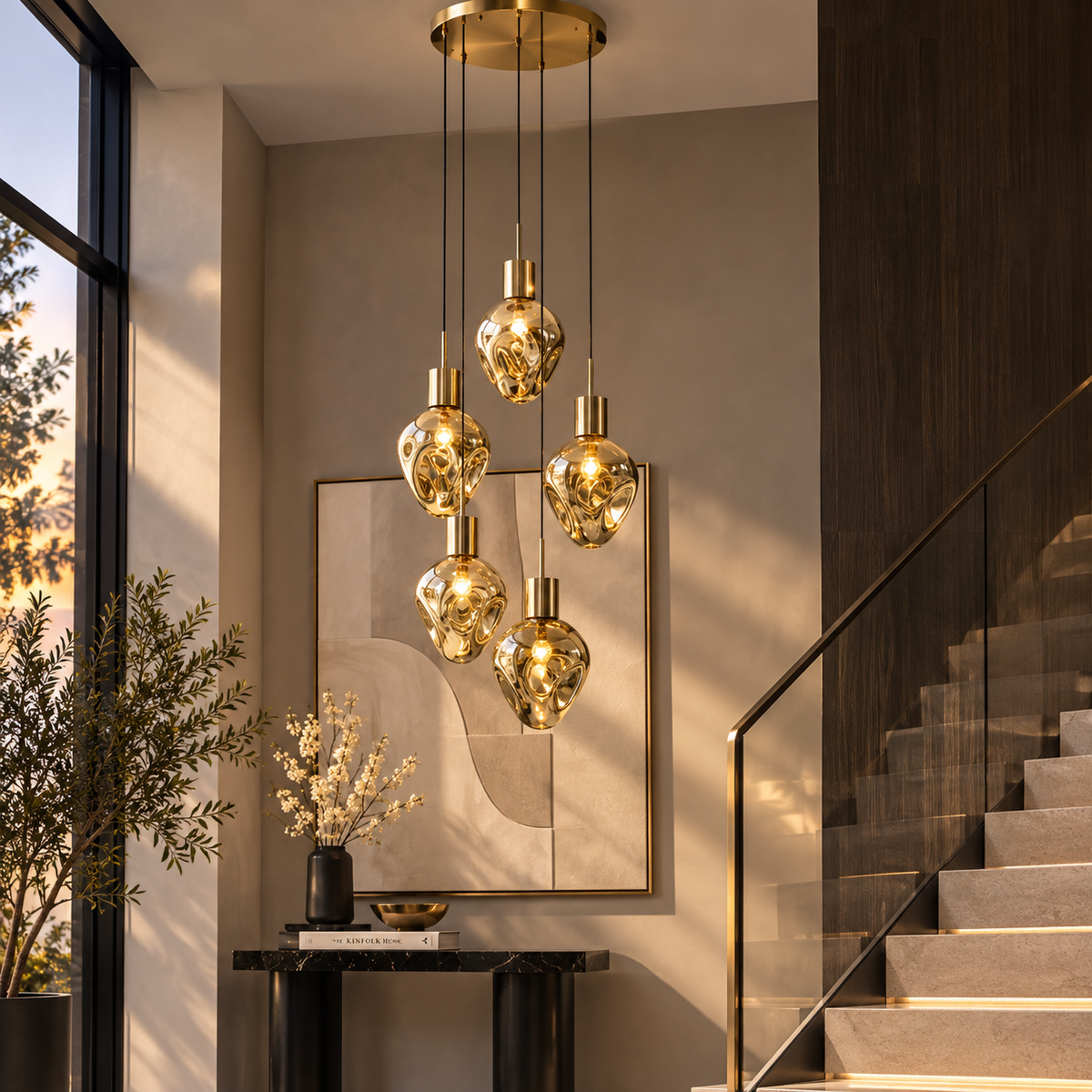 Lampadario a Sospensione Dough Amber Cinque Sfere Design Organico Ø50cm