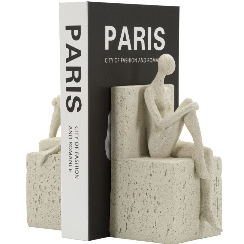 Set 2 Fermalibri Donne Beige in Poliresina 24x10x20,5cm Scultura Decorativa Stile Moderno
