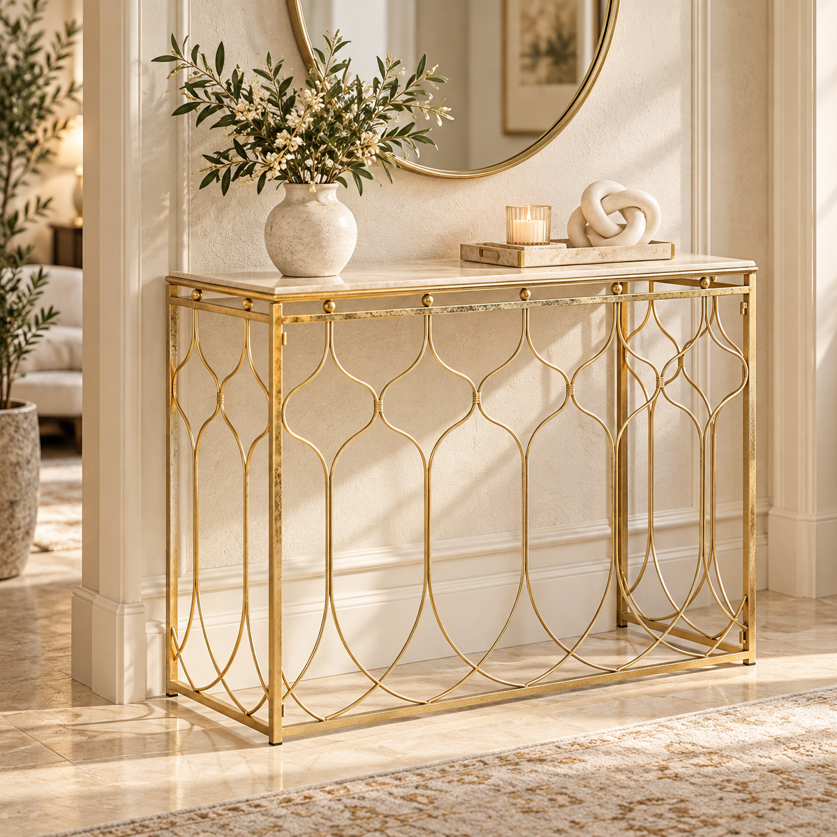 Consolle Arab Oro 96,5x41x78 cm Console in Metallo Dorato con Design Arabeggiante