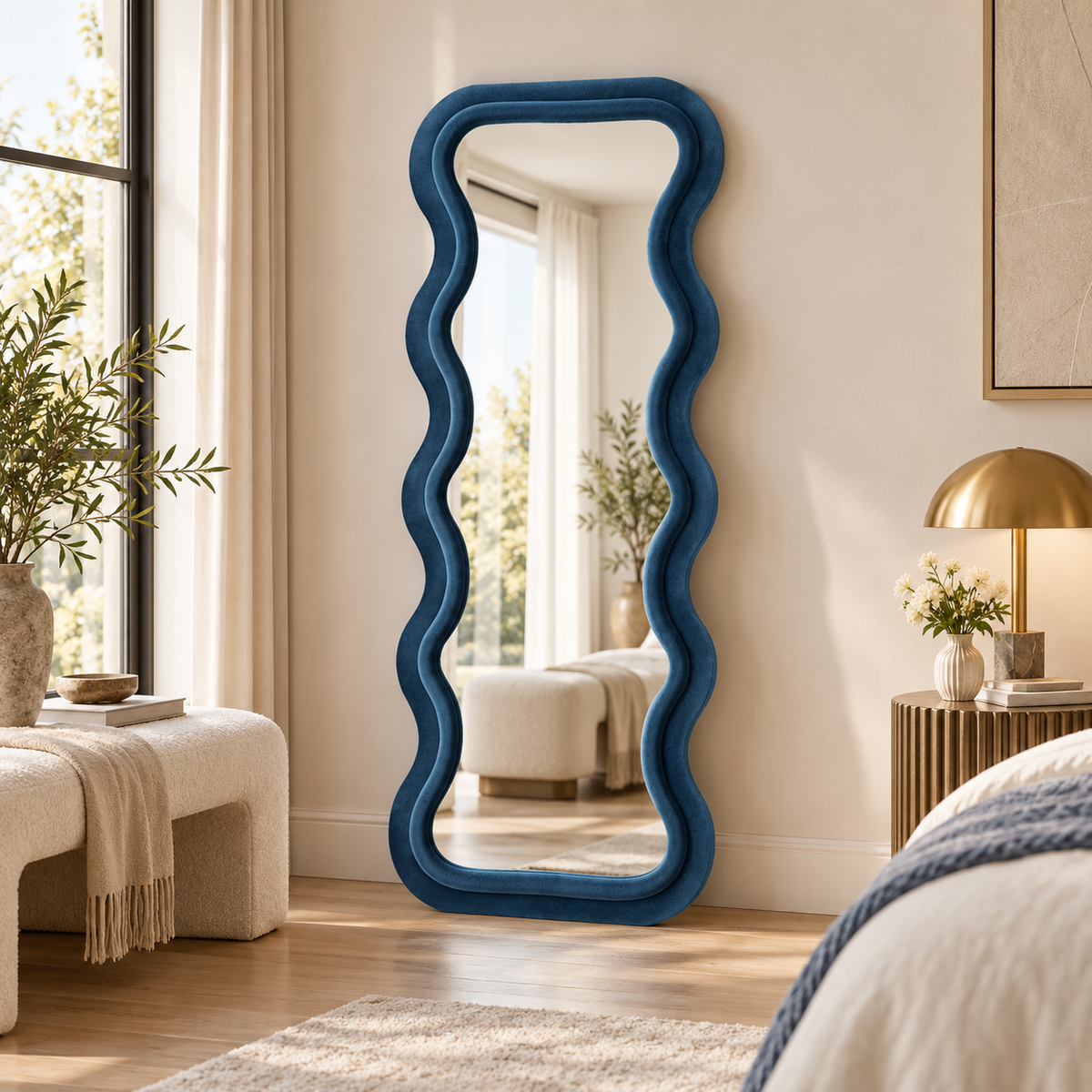 Specchio da Parete Emily in Velluto Blu 60x160 cm con Cornice Ondulata