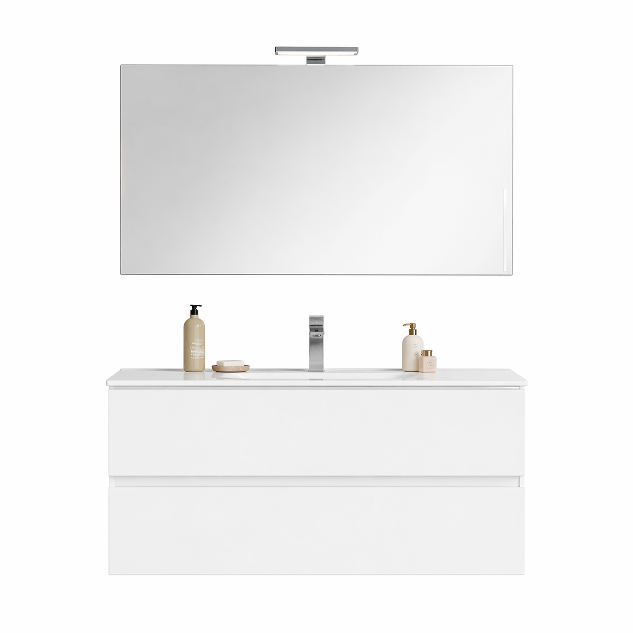Mobile Bagno Sospeso Easy 2 Cassetti 100 cm Bianco Lucido con Specchio e LED