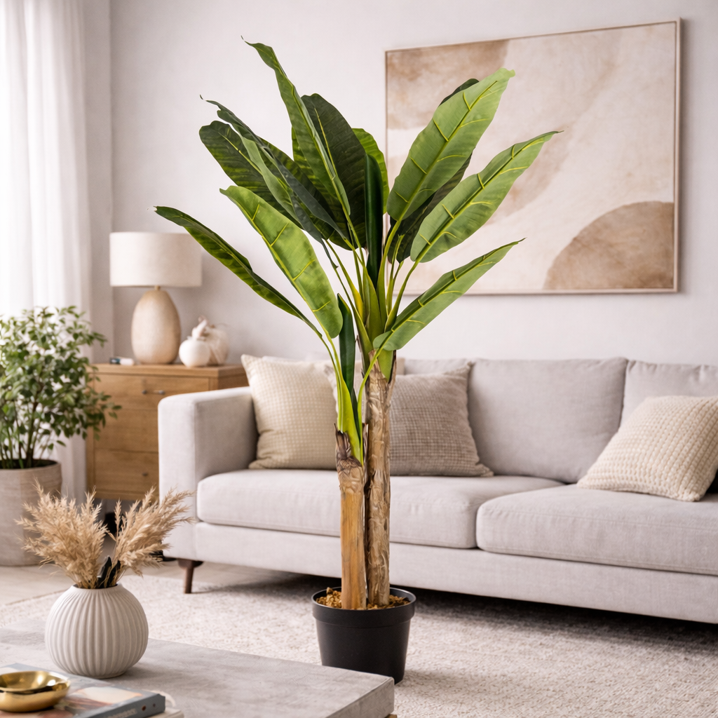 Pianta Banano Artificiale 135 cm con Vaso 14 Foglie Decorativa da Interno