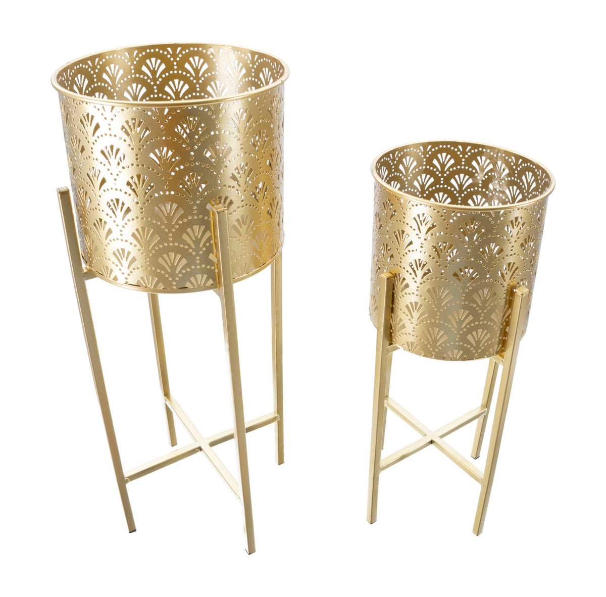 Set 2 Portavasi Golvy in Ferro Dorato Intagliato Ø21 e Ø19 cm