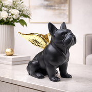 Statuetta Figura Decorativa Sitting Angel Dog Bulldog Cane Nero Con Ali Oro