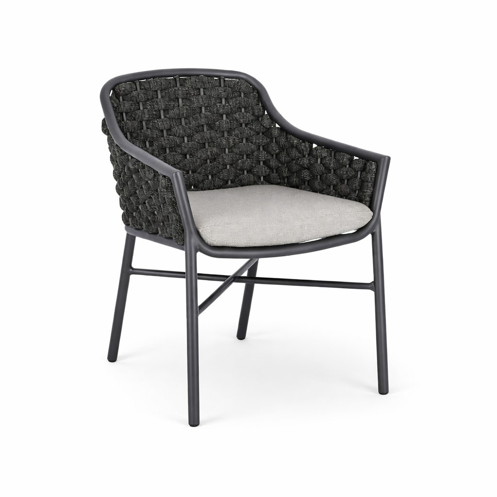 Poltroncina Sedia Intrecciata Everly con Braccioli e Cuscino Antracite