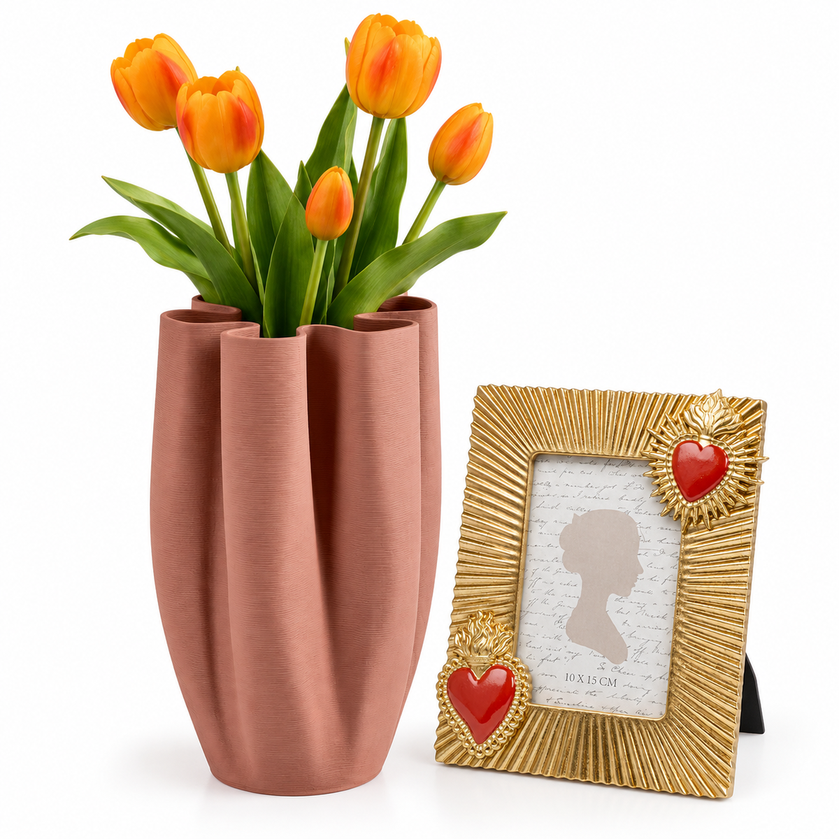 Set Decorativo Maeli Terracotta con Tulipani Arancio e Cornice Flaming Heart Oro